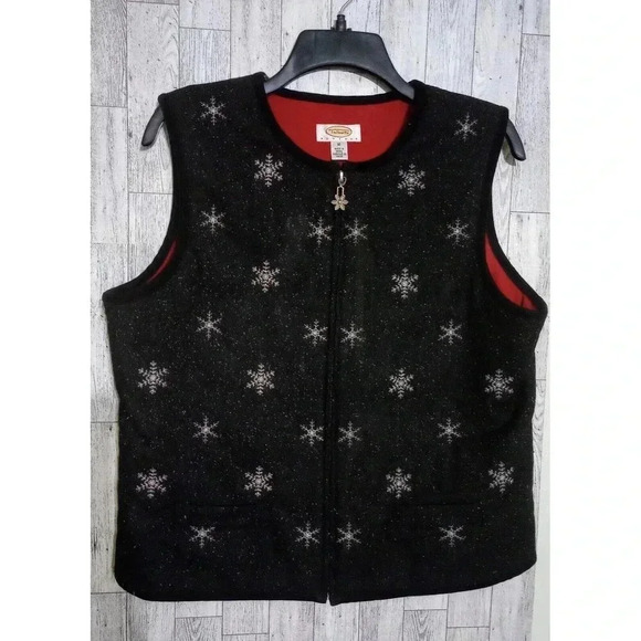 Talbots Wool Blend Red Lined Vest Black Silver Metallic Snowflakes Petite Medium - Picture 1 of 6